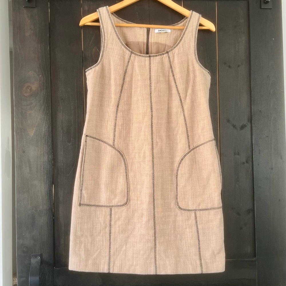 DKNYC Burlap sack style 100% cotton mini shift sleeveless dress with pockets